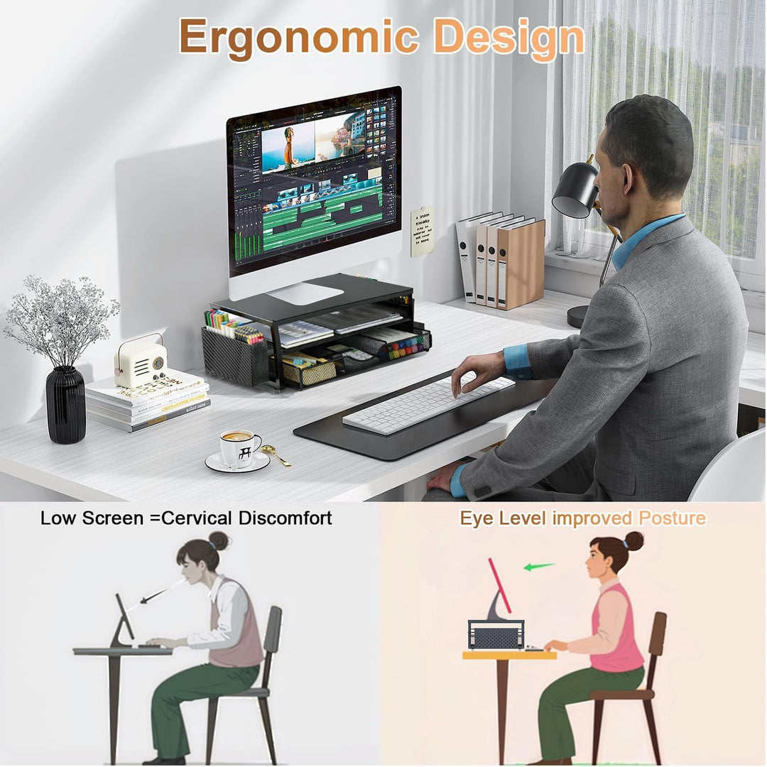 Monitorständer mit Schublade, Schreibtischorganizer und Zubehör, 2-stufiger Computer Monitor Erhöhun