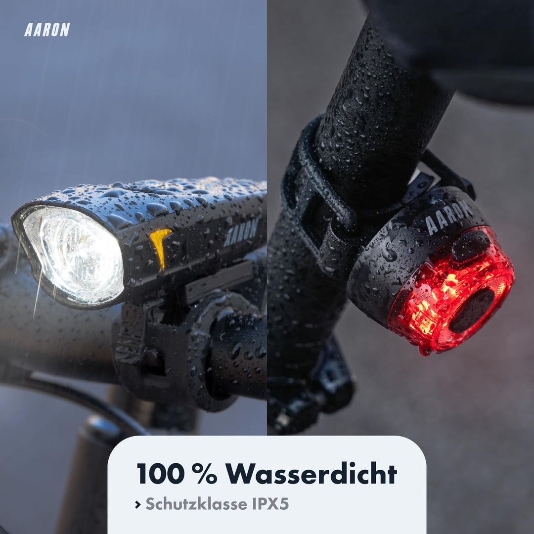 AARON 100 LUX Fahrradlichter Set (9h Leuchtdauer), StVZO zugelassen, 2000 mAh Akku Fahrrad Licht Set