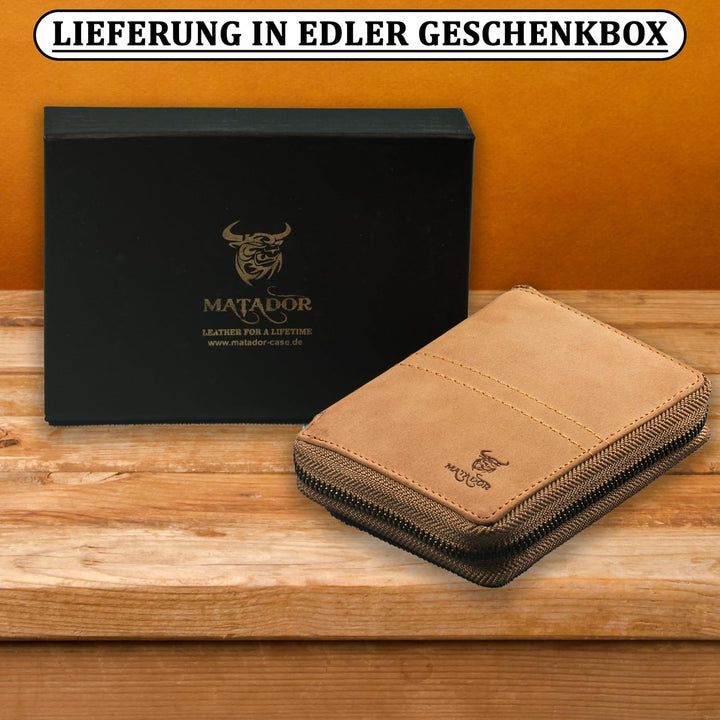 MATADOR Leder Geldbörse Herren mit Reissverschluss Hell Braun Geldtasche TüV geprüfter RFID & NFC Sc