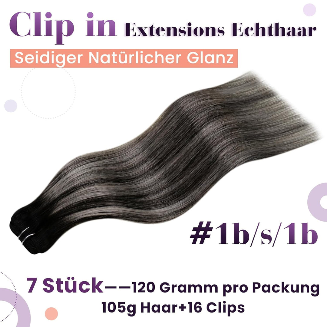 LaaVoo Ombre Extensions Echthaar Clip in Schwarz Balayage Silber Clip in Extensions Echthaar Dicke H