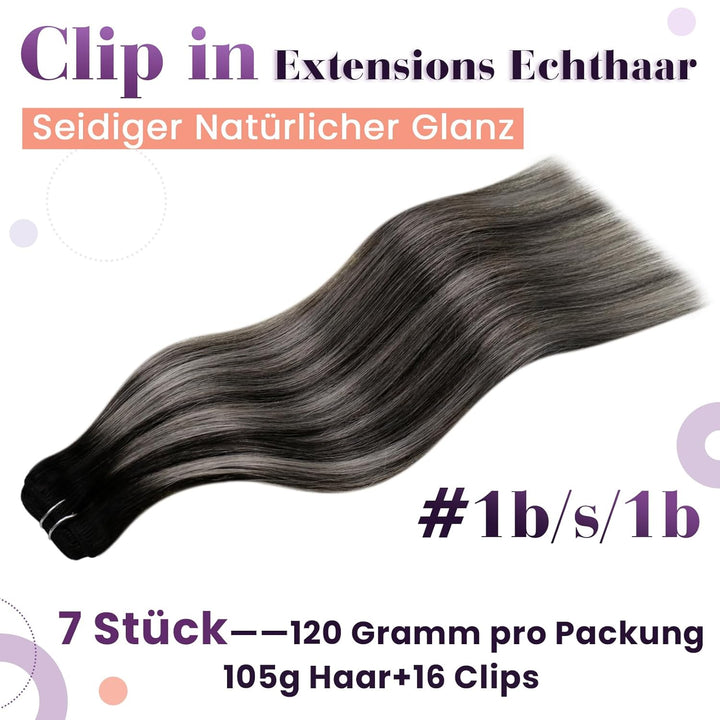 LaaVoo Ombre Extensions Echthaar Clip in Schwarz Balayage Silber Clip in Extensions Echthaar Dicke H