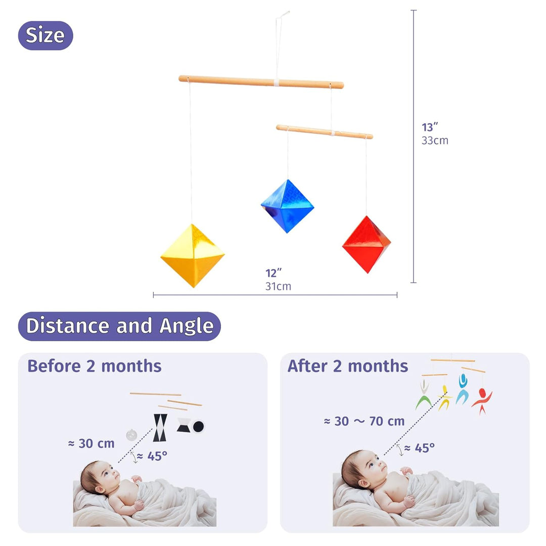 Geometrisches Oktaeder in verschiedenen Grössen Mobile, Montessori-Mobile, Gelb Blau Rot, Holzstab,