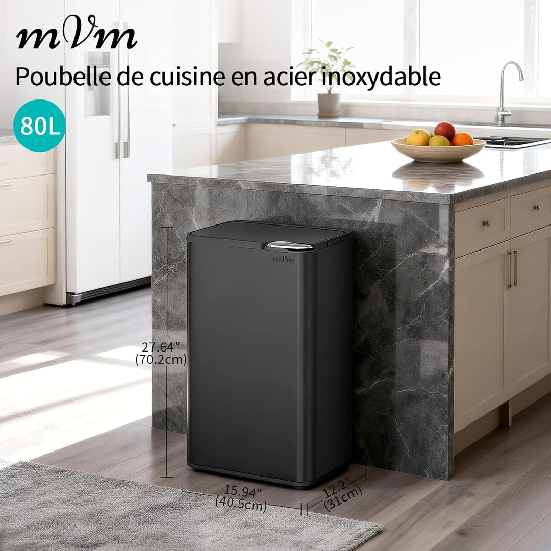 mVm Küchen & Büromülleimer 80L, Edelstahl, Rechteckig, Mit Deckel & Geruchsfilter, Sanftschliessend