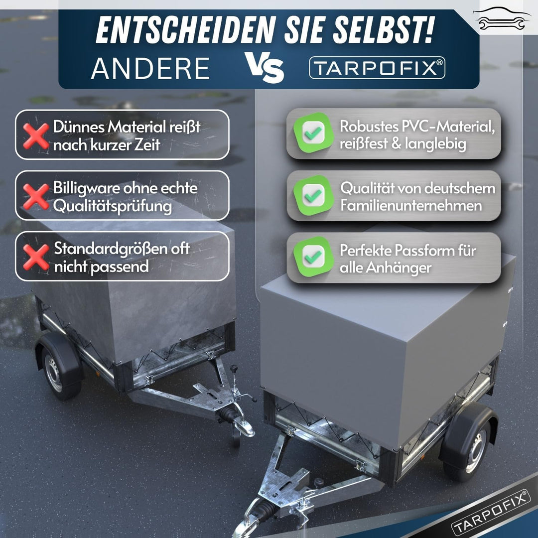 Tarpofix® Anhängerplane 208x114x90 cm inkl. Planenseil | Anhänger Plane Hochplane aus PVC PLANENMATE