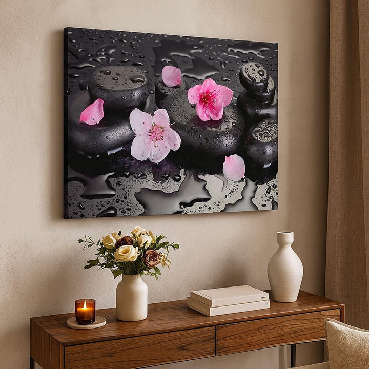 Bilder auf Leinwand 100x70cm Leinwandbild Blumen Steine Tropfen Spa Gross Wanddeko Bild Schlafzimmer