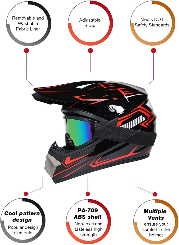 Downhill Motorradhelm Kinder, Helm Set Herren ATV Motorradhelm D.O.T Zertifizierter Helm Mit Brille