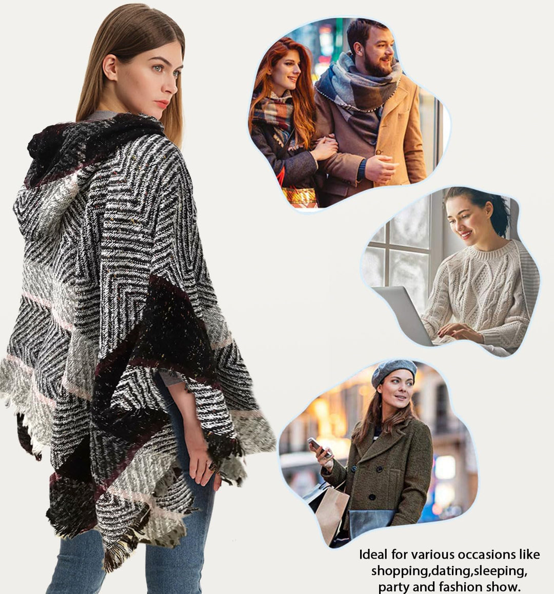 JFAN Knitted Ponchos With Fringes For Women Strick Ponchos Capes Hooded Scarf Warm Poncho Hellgrau,