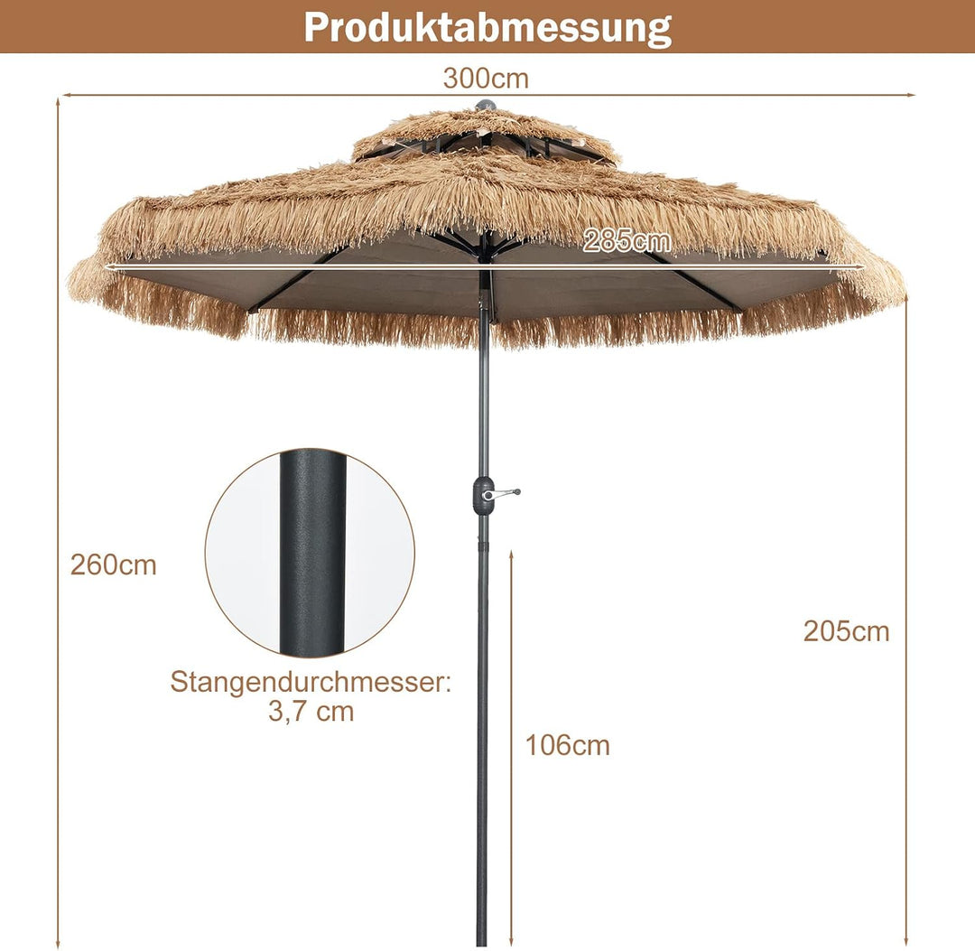 GOPLUS Sonnenschirm Hawaii, Ø 300 cm Sonnenschirm Stroh um 30° knickbar, Strandschirm mit Kurbel, St