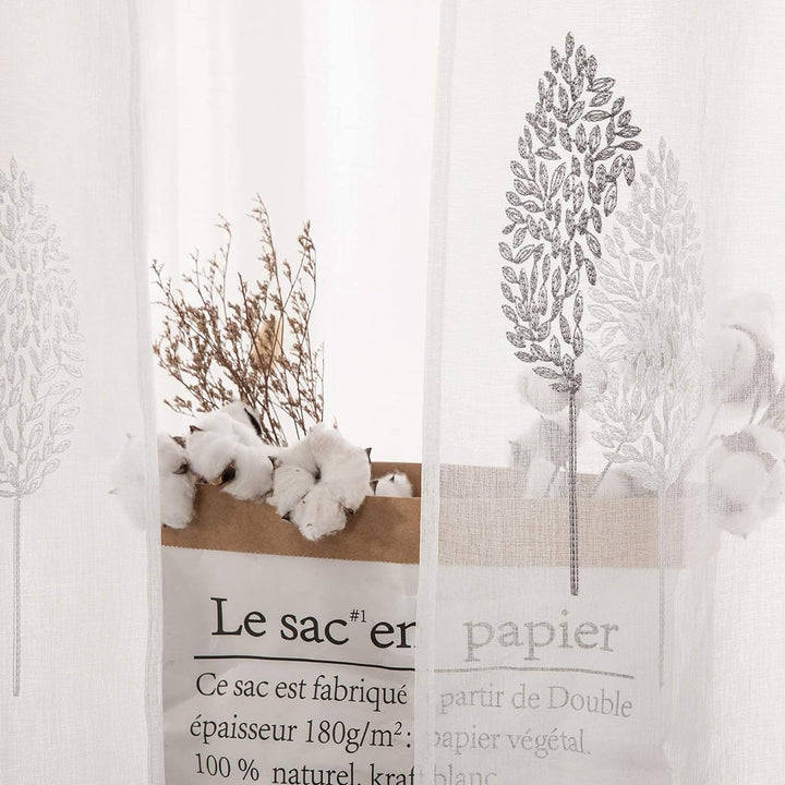 MIULEE Vorhänge mit Grau und Weiss Blätter Muster, Schöne Stickerei Vorhang Transparent, Dekoration