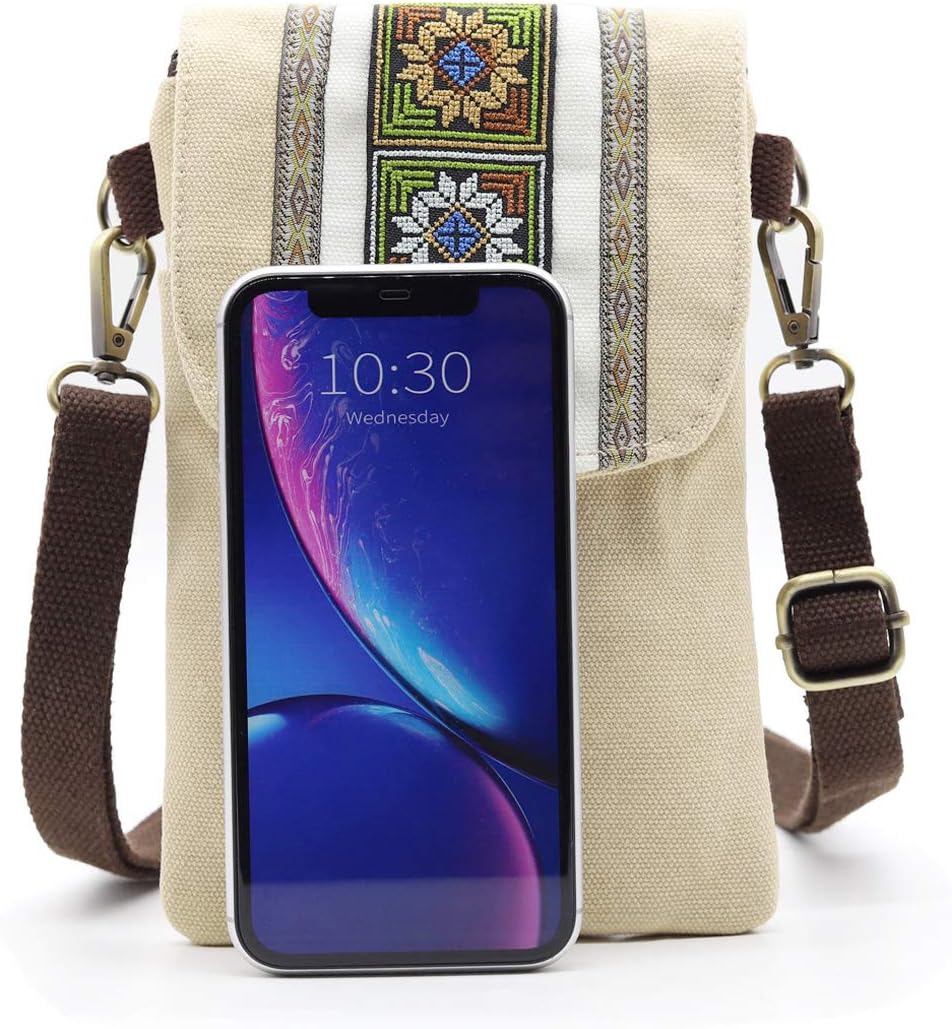 Vintage Embroidered Canvas Small Flip Crossbody Bag Cell Phone Pouch for Women Wristlet Wallet Bag C