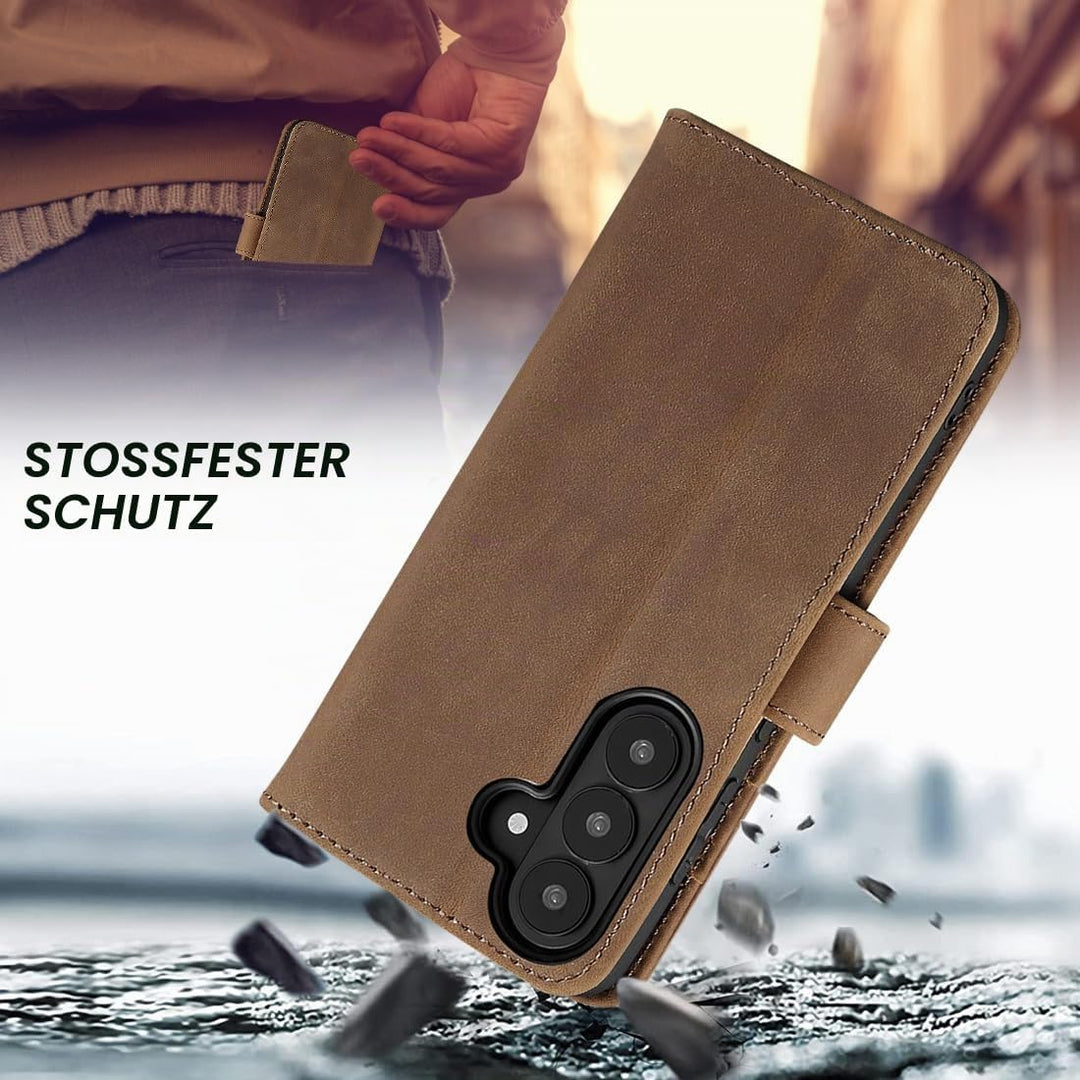 LENSUN Echtleder Handyhülle für Samsung Galaxy S26, Flip Hülle [Brieftasche][RFID Schutz][3 Kartenfa