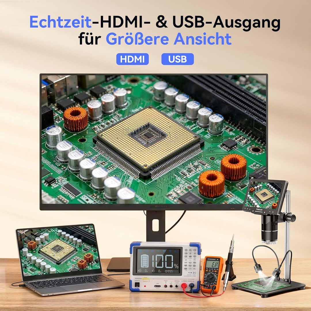 TOMLOV TriL107 3 Objektiv Mikroskop Digital: 7" 2K IPS HDMI 2500X Münzlupe für Ganzmünzansicht mit 1