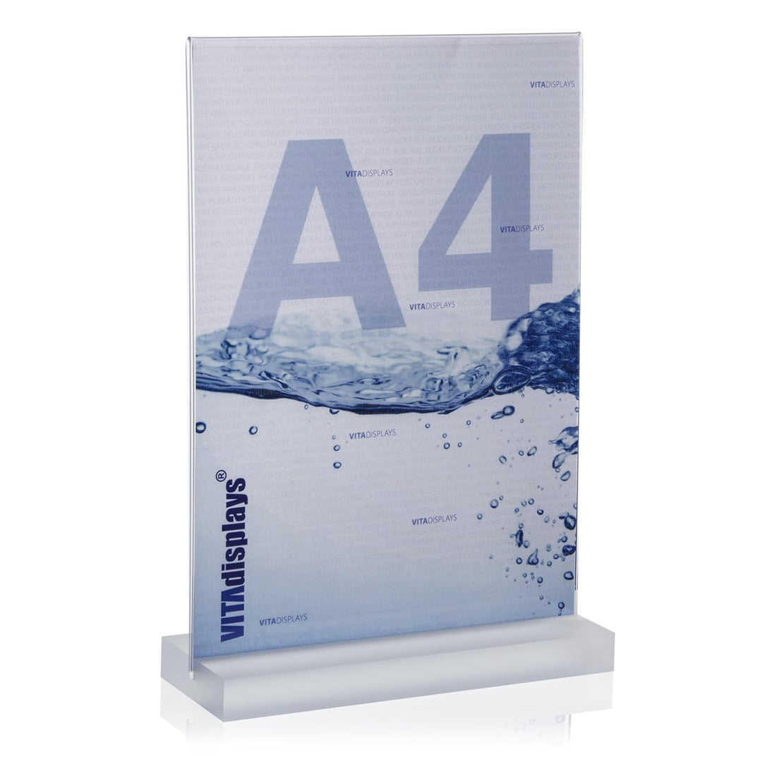 DIN A4 Werbeaufsteller mit massiver, satinierter PLEXIGLAS® Basis/T-Ständer/T-Aufsteller als Tischau