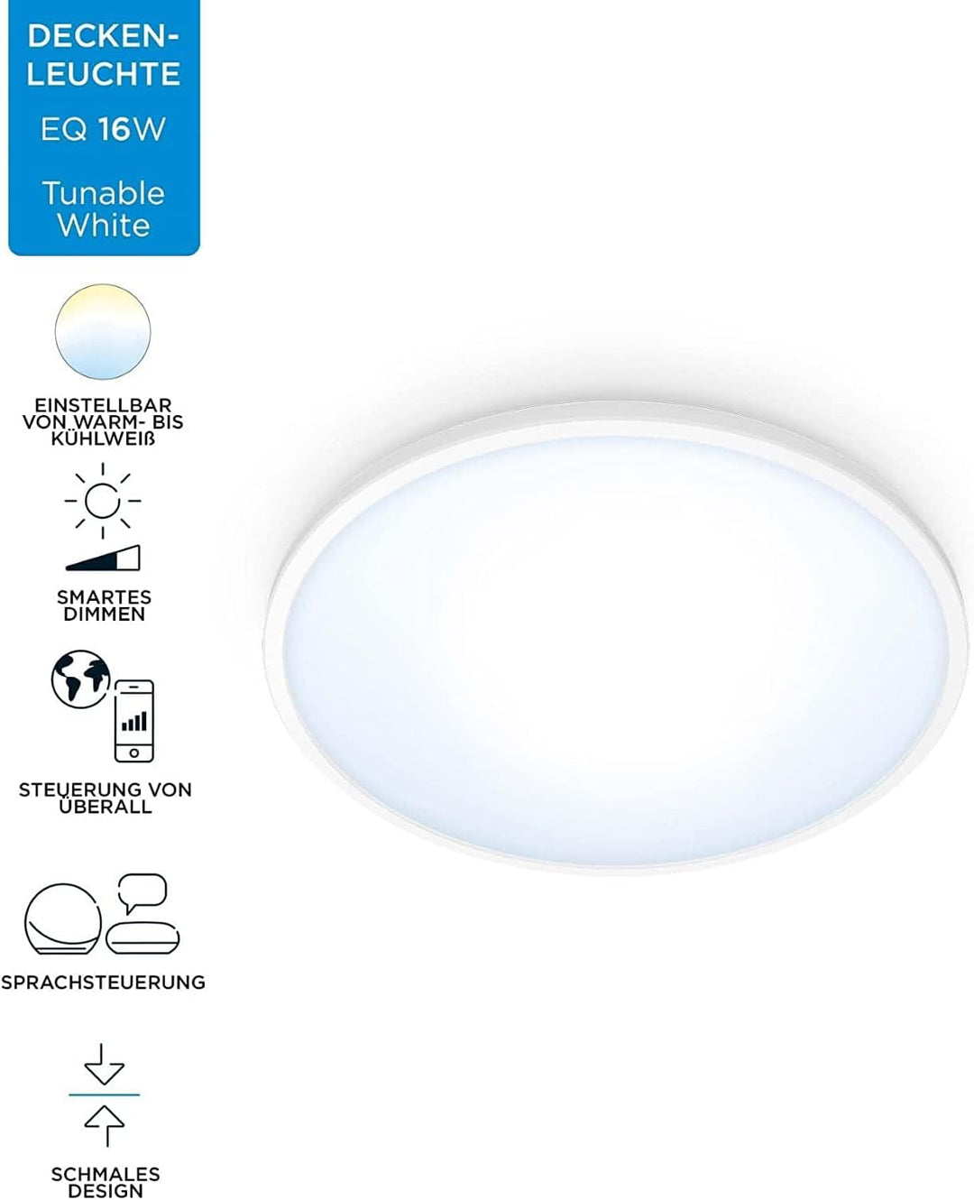 WiZ SuperSlim Deckenleuchte Tunable White, dimmbar, warm- bis kaltweiss, 16W, smarte Steuerung per A