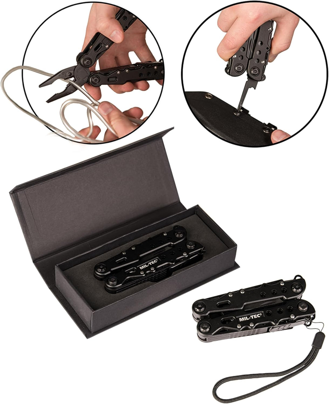 Mil-Tec Multi Tool Schwarz mit Etui • Edelstahl Multifunktionswerkzeug • Taschenwerkzeug mit Zange,