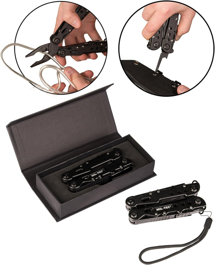 Mil-Tec Multi Tool Schwarz mit Etui • Edelstahl Multifunktionswerkzeug • Taschenwerkzeug mit Zange,