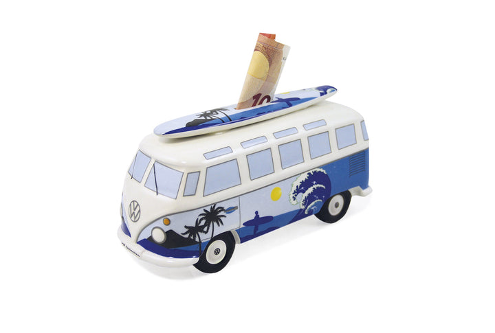 BRISA VW Collection - Volkswagen Spar-Büchse-Schwein-Dose mit Surfbrett im T1 Bulli Bus Samba Design
