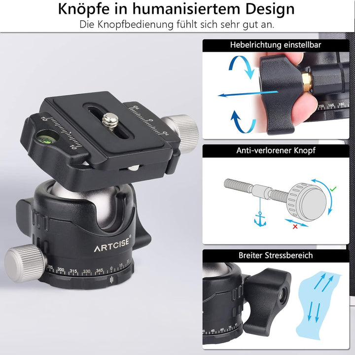 Stativkopf mit niedrigem Profil, ARTCISE EB30S 30MM Kugeldurchmesser mini Ganzmetall-Kugelkopf & 1/4