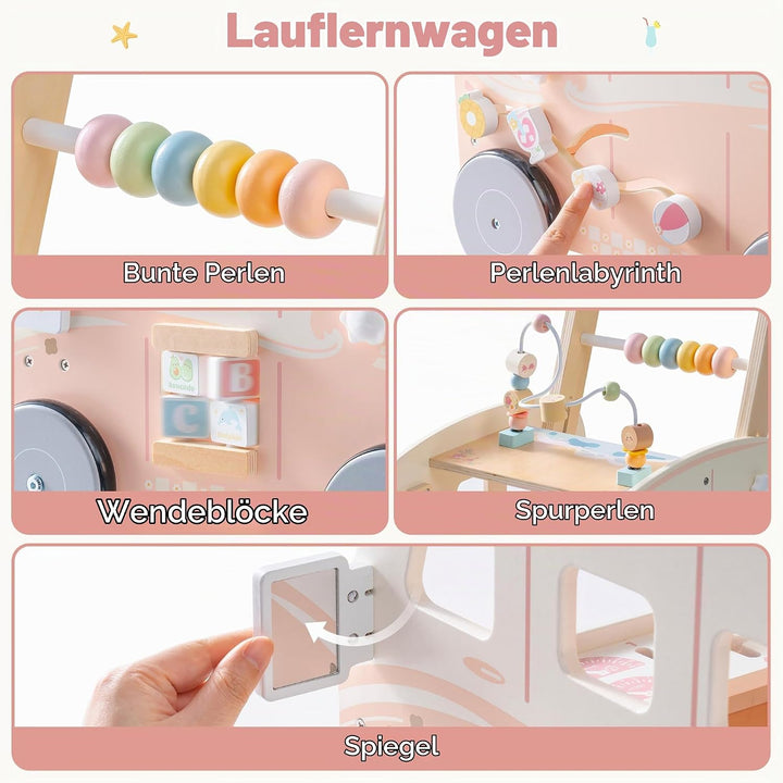 ROBOTIME Holz Baby-Lauflernwagen, Multifunktionale Aktivitäts-Lauflernhilfe mit Höhenverstellung und
