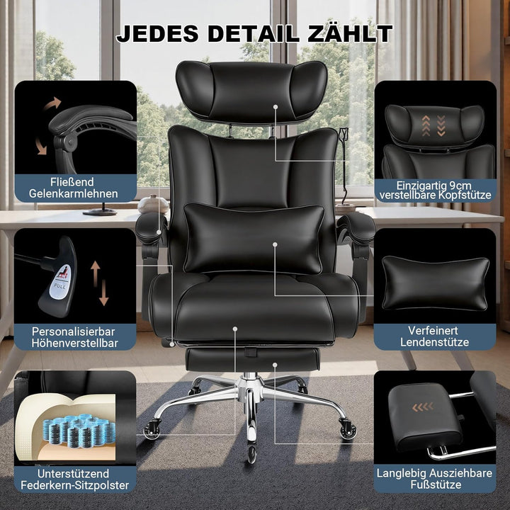 BASETBL Bürostuhl 200kg, Chefsessel mit 4-stufiger Gasdruckfeder, 3D Armlehnen, Verstellbarer Lenden