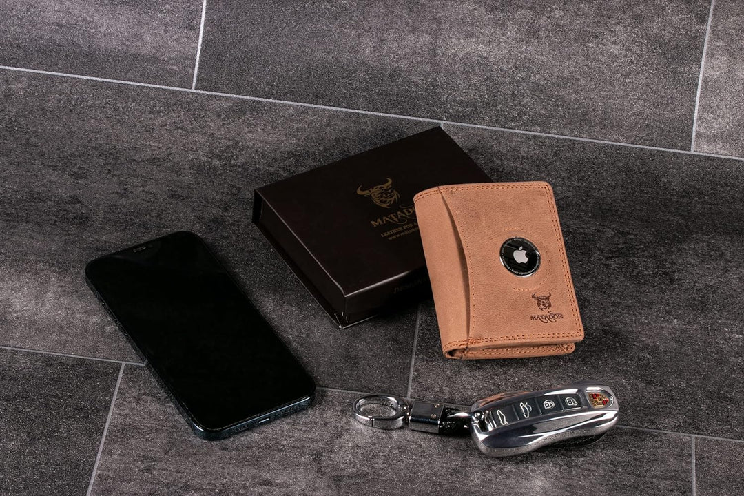 MATADOR Leder Geldbörse Herren mit AirTag Fach┃TüV geprüfter RFID & NFC Schutz┃Kompaktes Slim Wallet