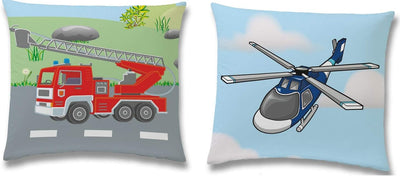 TexIdea Polizei Feuerwehr Bettwäsche Set · Wende-Motiv · Bett-bezug 135x200 cm · Kopfkissen-bezug 80