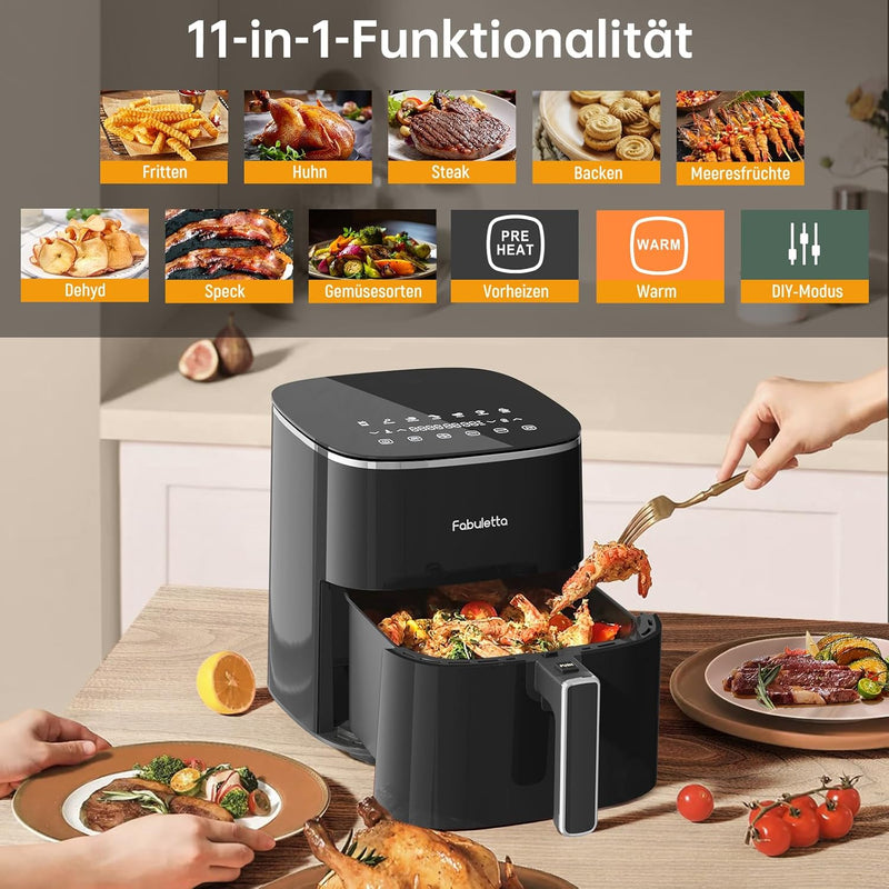 Fabuletta Heissluftfritteuse 5,7L, 11-in-1 Air Fryer, Max230℃ Heissluft Fritteusen, Digitaler Timer