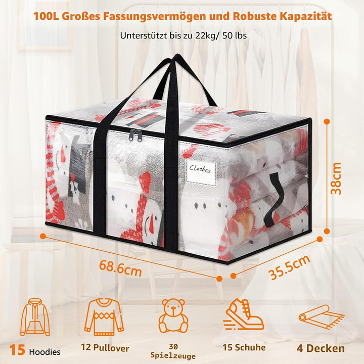 5 Grosse Aufbewahrungstasche mit Deckel,100L Umzugstaschen Plastik für Kleidung, Umzugstaschen mit R