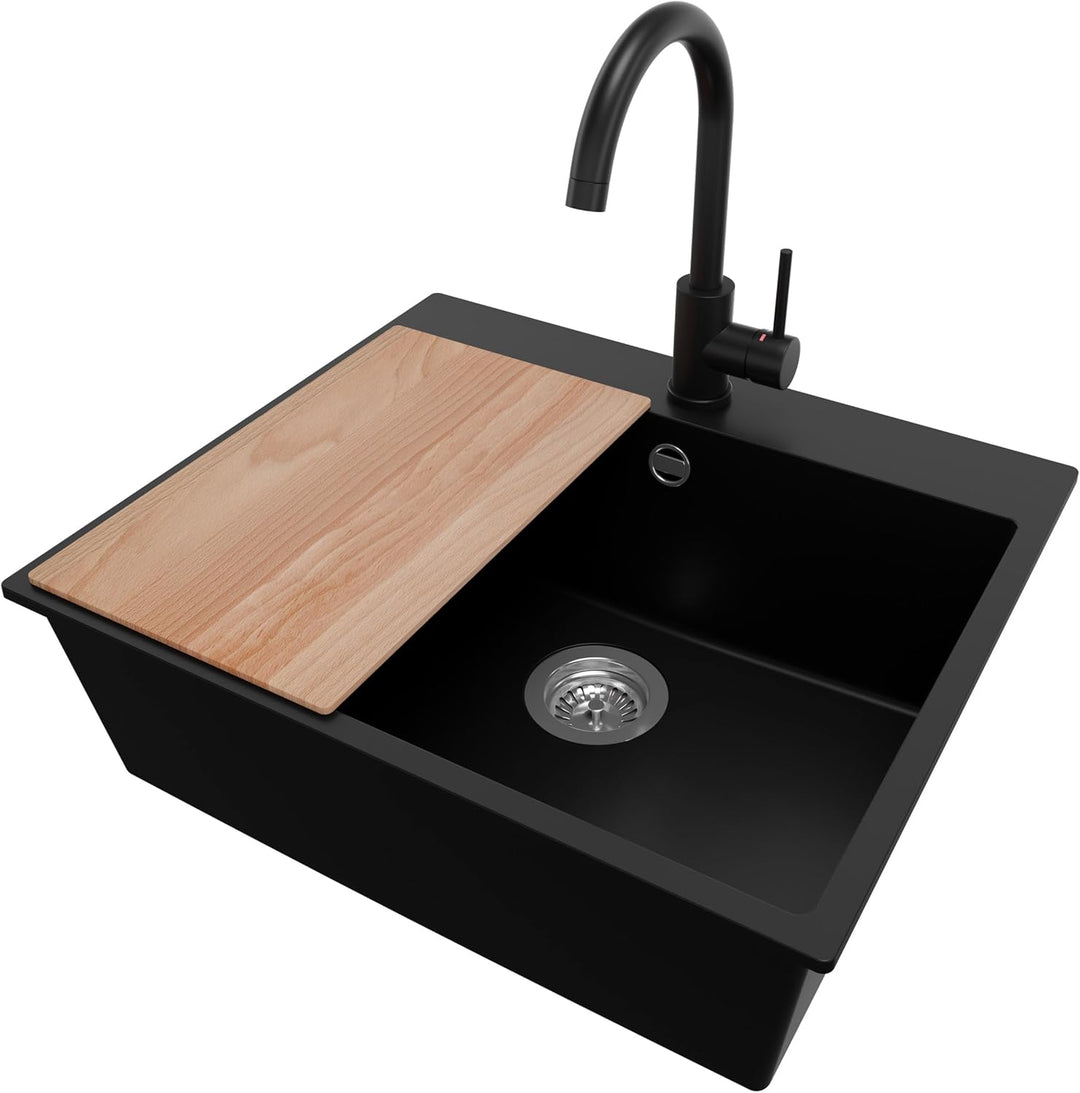 PRIMAGRAN Granitspüle Schwarz 58x50cm, Spülbecken 1 Becken + Ablauf-Set + Küchenarmatur 32x20cm + Sc