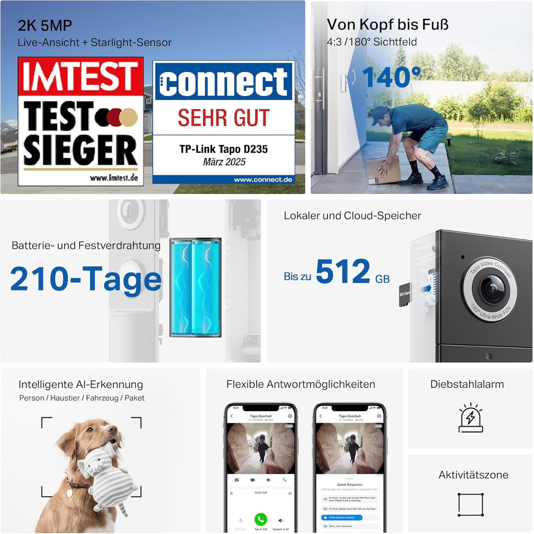 Tapo D235 Video-Türklingel Akku/Festverdrahtet (Video Doorbell) | Türklingel mit Kamera, 2K 5MP, Far