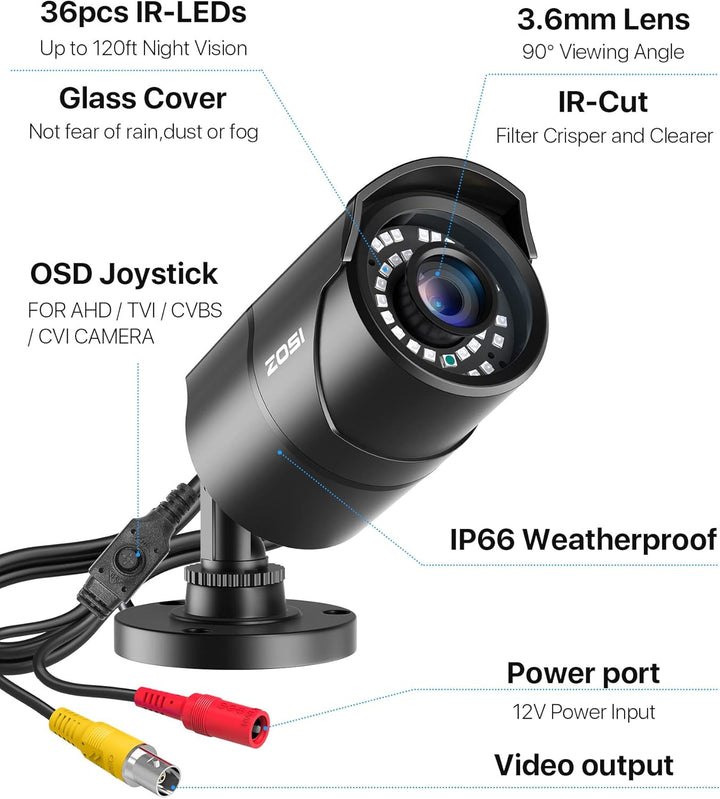 ZOSI CCTV 2.0MP 1080P Full HD Aussen Überwachungskamera Sicherheitskamera 30M IR Nachtsicht BNC Kabe