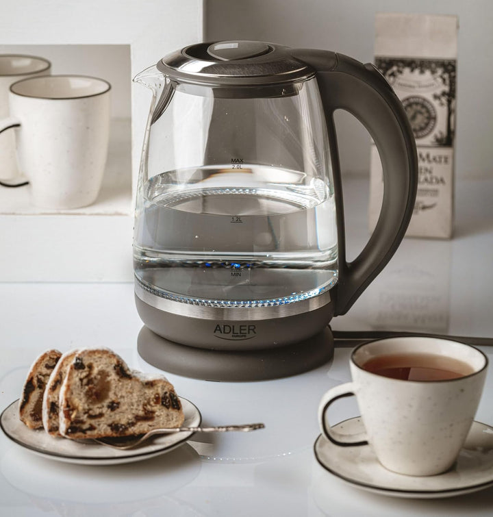 Adler AD 1286 Wasserkocher aus Glas und Kunstoff, 2L, 2000 W, LED Beleuchtung, Glaswasserkocher für