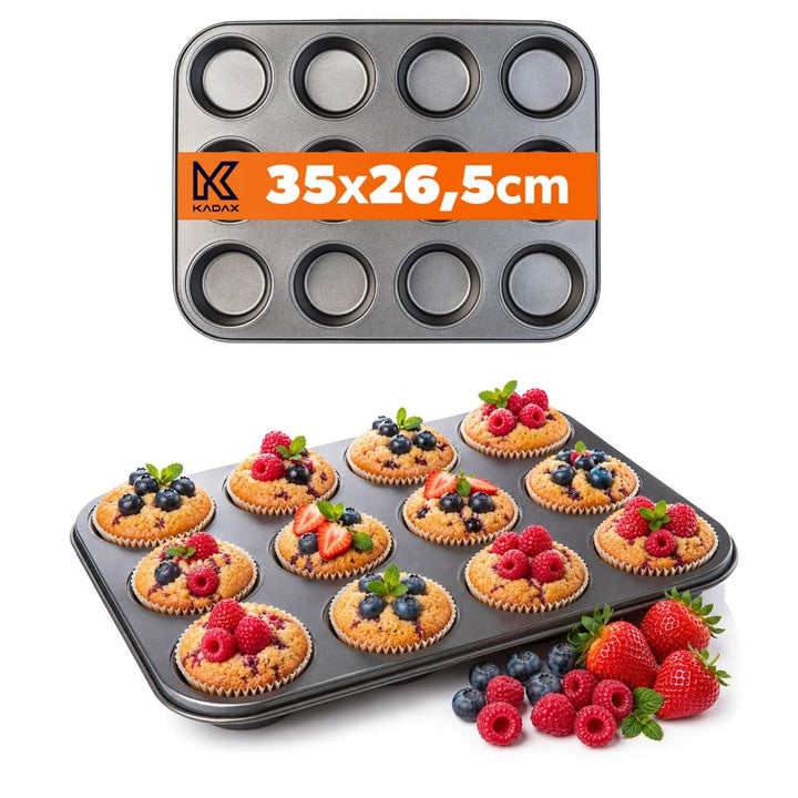 KADAX Muffinform 35 x 26.5 X 3 cm, Backform für 12 Muffins, aus Stahl, grosse Wölbungen, optimale Hi