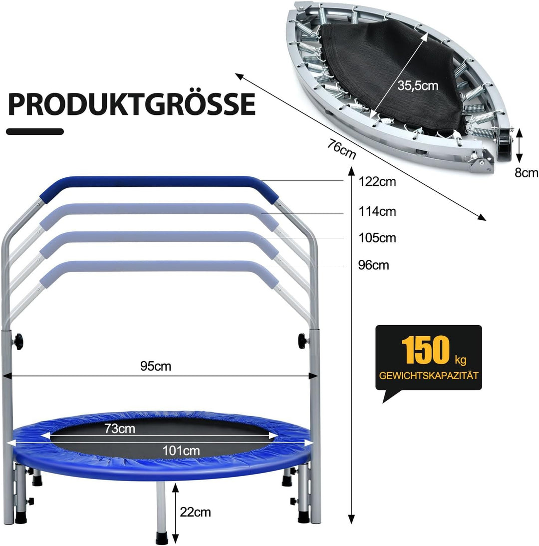 GOPLUS Fitnesstrampolin Indoor, φ101cm Mini Trampolin mit höhenverstellbarer Haltegriff, klappbares