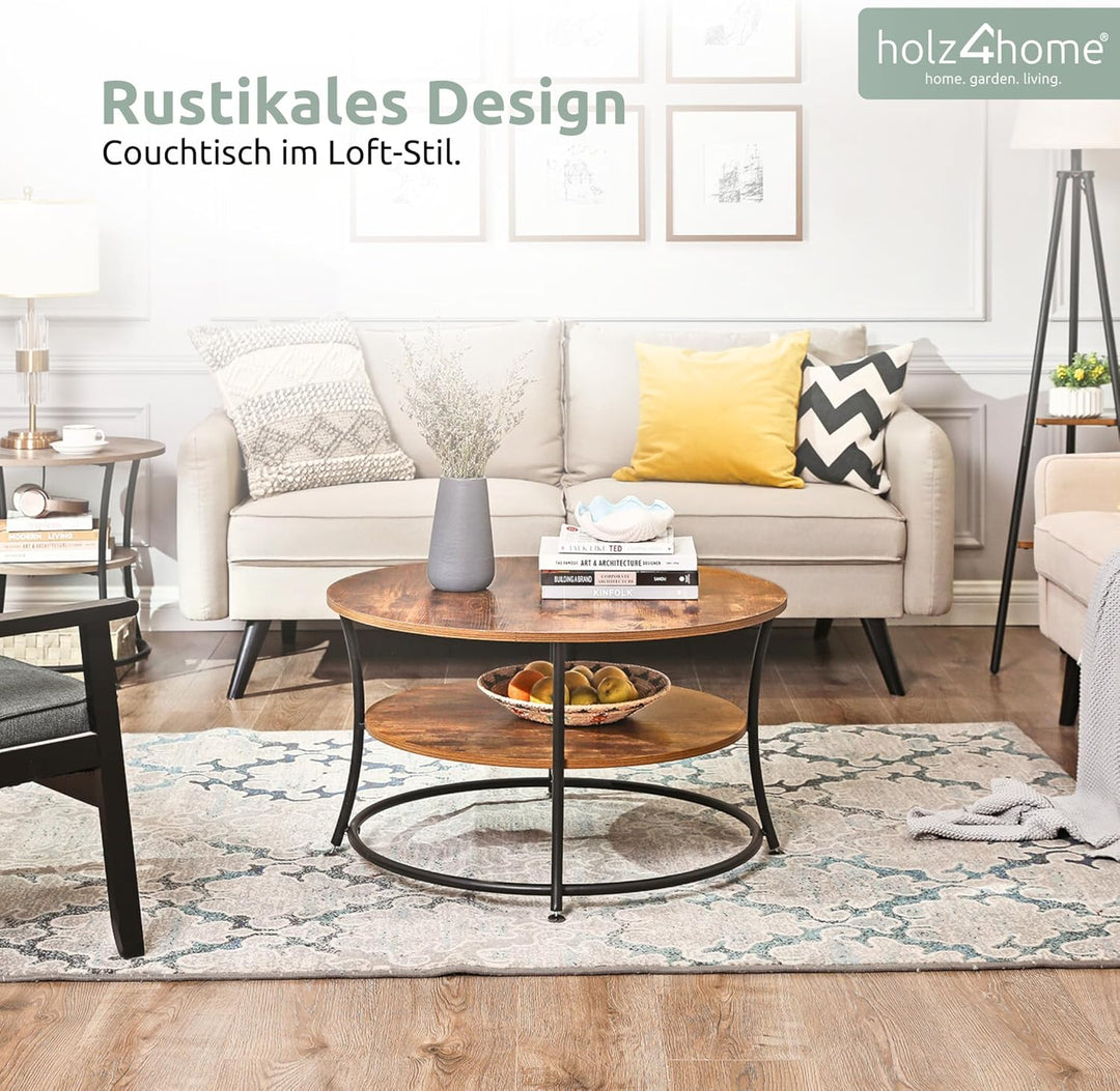 holz4home® Couchtisch Lillie runder Wohnzimmertisch | mit Ablage | einfache Montage | Industrial-Loo