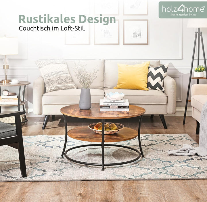 holz4home® Couchtisch Lillie runder Wohnzimmertisch | mit Ablage | einfache Montage | Industrial-Loo