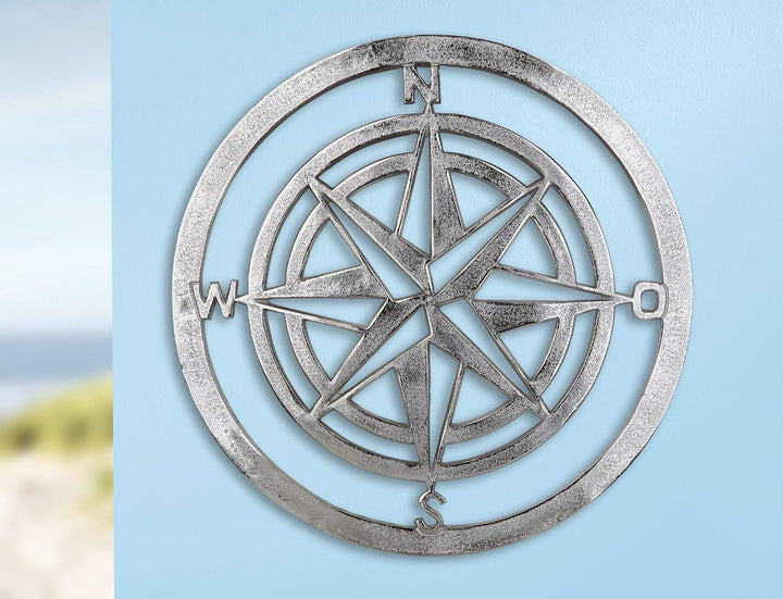 GILDE Wand Deko - Windrose - aus Alu in Silber mit rauer Oberfläche - Ø 50 cm