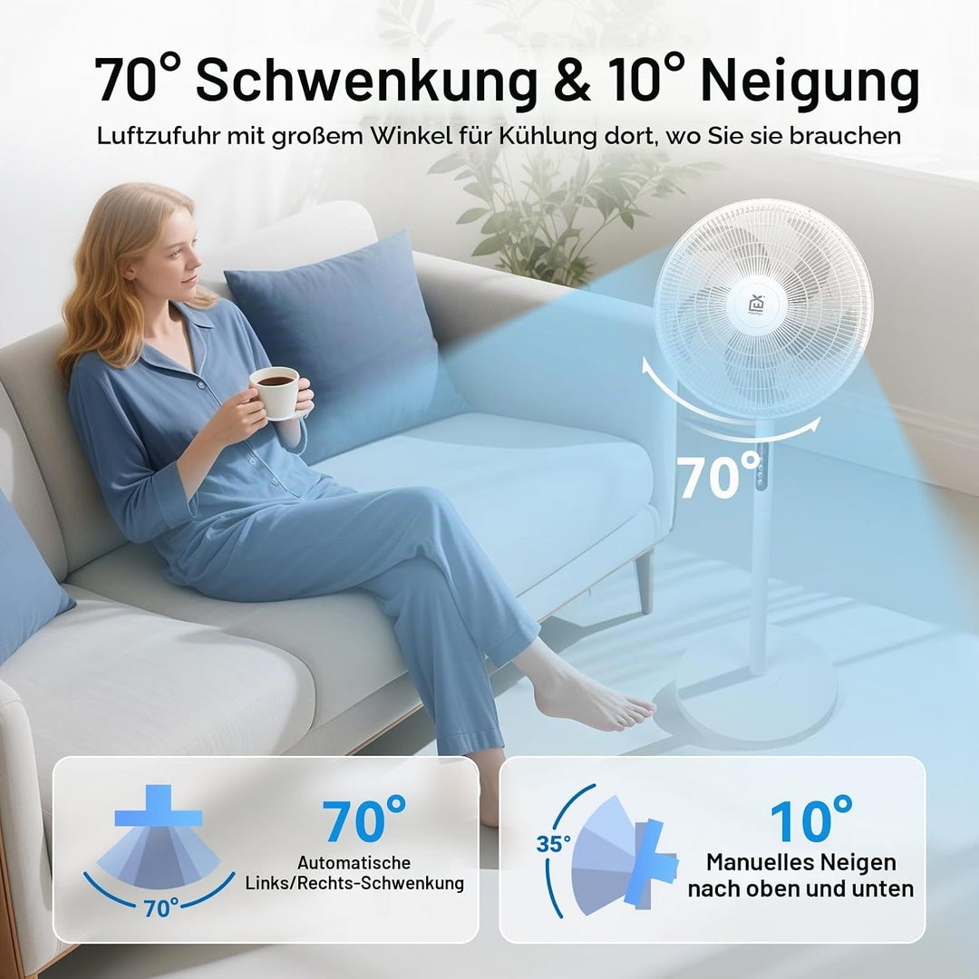 EXTRASTAR 16 Zoll Standventilator mit Fernbedienung, 6 Windstufen, 9h Timer, 70° automatische Schwen