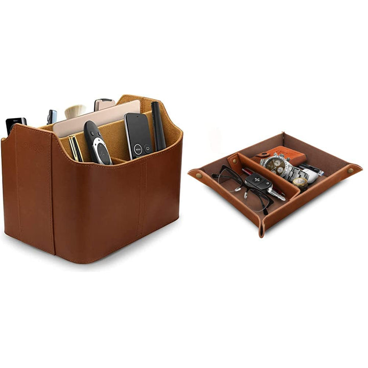 Londo Leder Fernbedienung Organizer und Halter mit Tablet Fach, Fernbedienungshalter (Hellbraun) & L