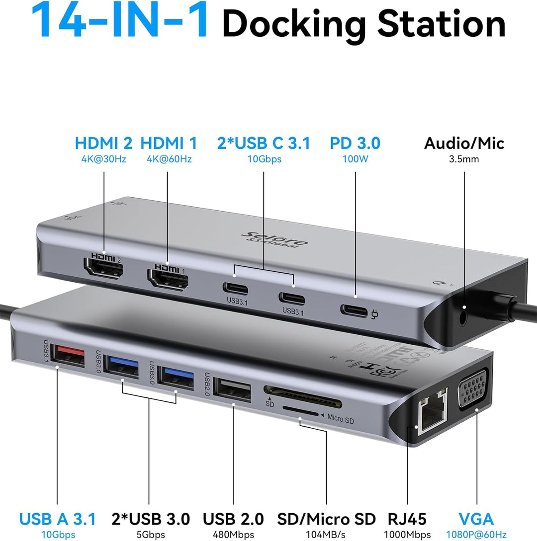 USB C Dockingstation Dual HDMI, Selore 14 in 1 Dockingstation Triple Display, USB C Hub mit 2*4K HDM