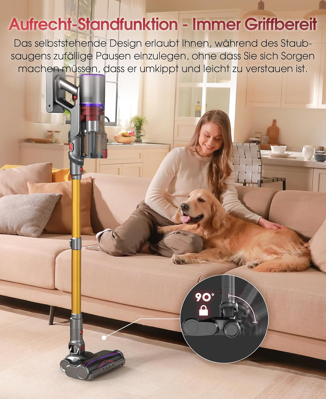 UNINELL Home Akku Staubsauger 48000Pa/550W/65Min, Staubsauger Kabellos Selbstladender mit LED Touchs