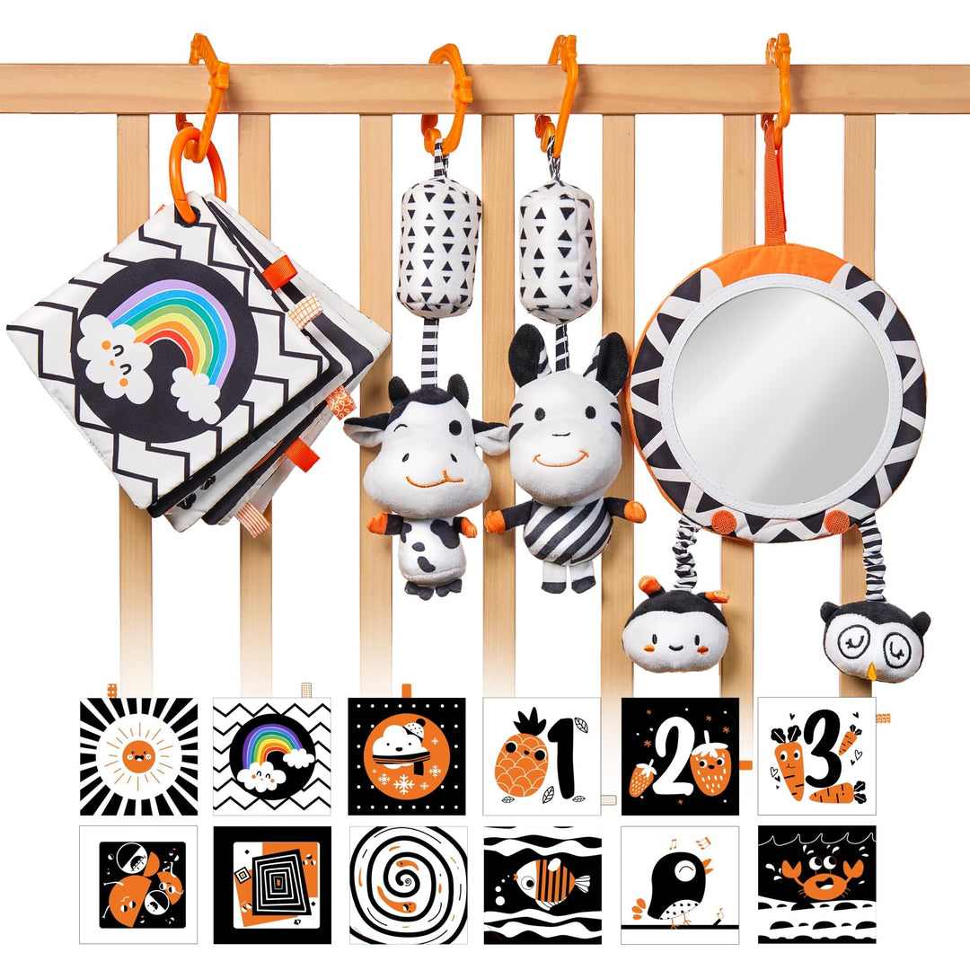 TUMAMA Kontrast Schwarz Weiss Baby Kinderwagen Spielzeug ab 0 2 3 4 6 8 9 Monate, 4pcs Kontrastbuch