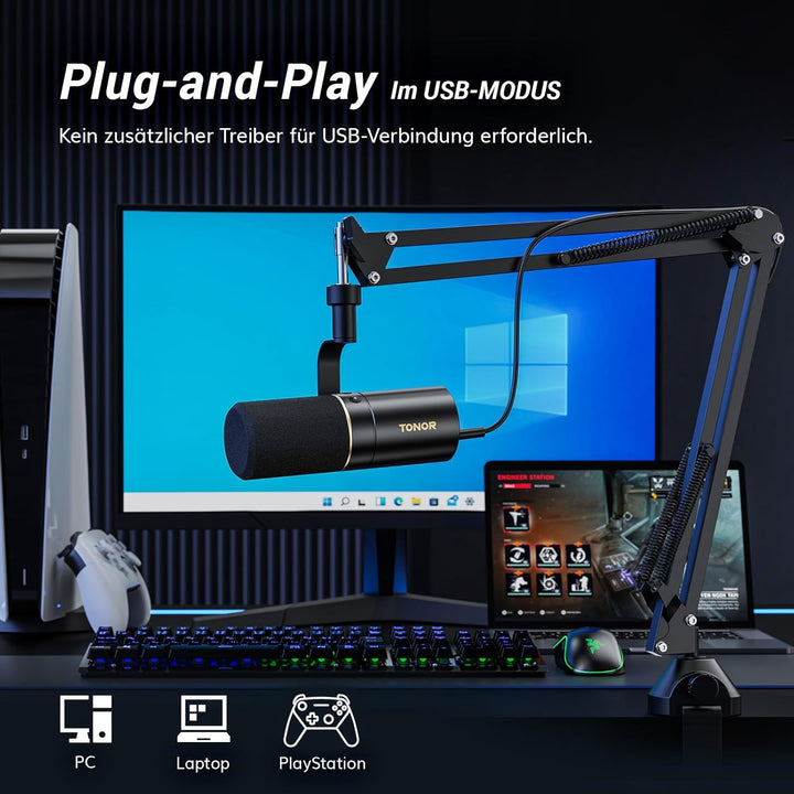TONOR Dynamisches Microphone mit XLR/USB Kabel, Mikro PC mit Mute Button, Vocal Mic Gesangsmikrofon