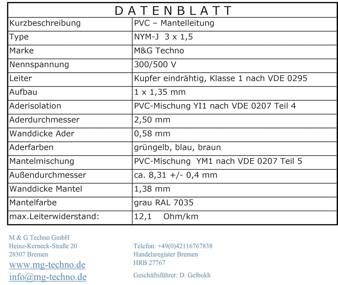 M&G Techno 80m NYM-J 3x1,5 mm² Mantelleitung Feuchtraumkabel Elektrokabel Kupfer Made in Germany, 80