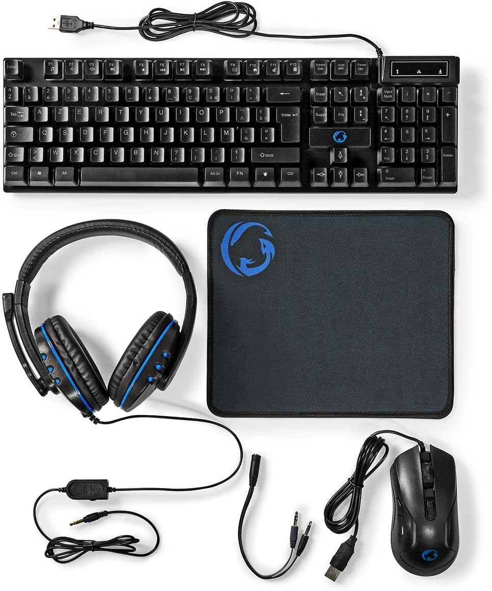 NEDIS Gaming Combo Kit - 5-in-1 - Tastatur, Headset, Maus und Mauspad - Schwarz - AZERTY - FR-Layout