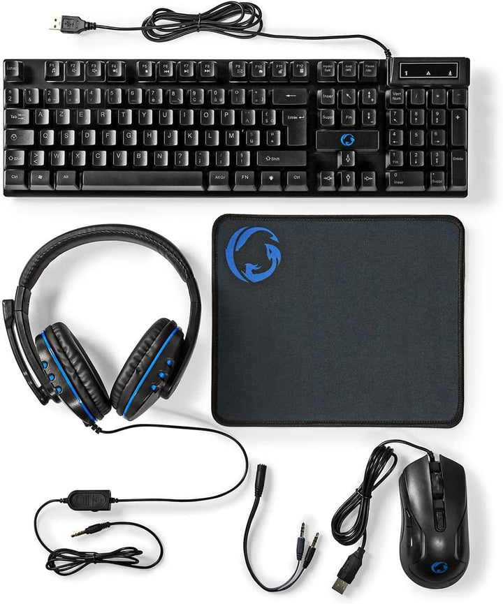 NEDIS Gaming Combo Kit - 5-in-1 - Tastatur, Headset, Maus und Mauspad - Schwarz - AZERTY - FR-Layout