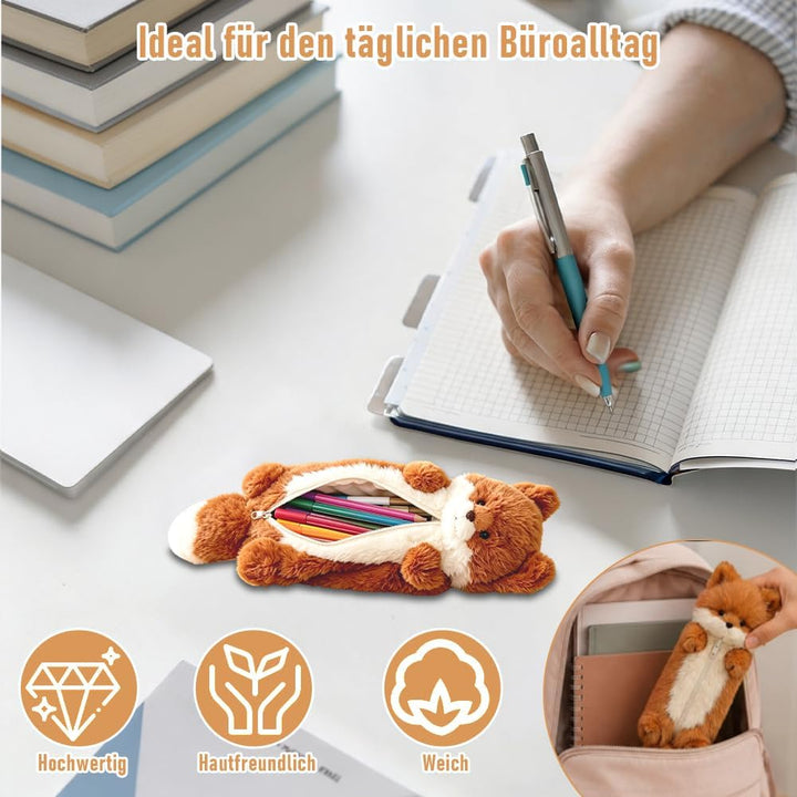 2er Set Plüsch Federmäppchen mit Fuchs Motiv, Weiss &amp; Braun