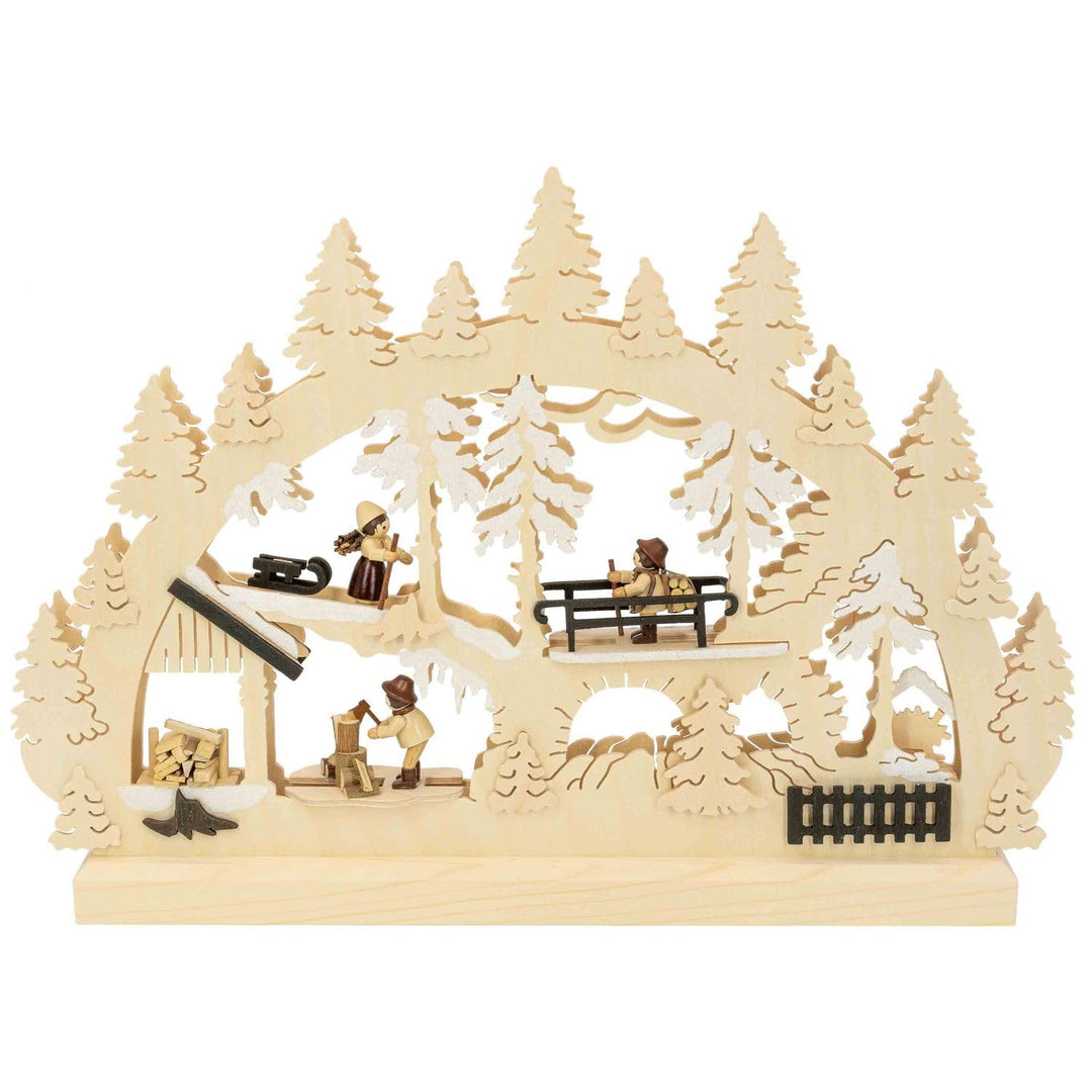 Michael Müller Unbekannt Doppel Schwibbogen Waldleute Holzstapel mit 3 Figuren - 42x30x4,5 cm - Orig