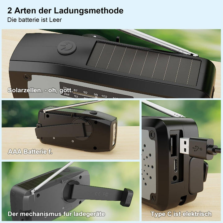 Kurbelradio, Notfall Weltempfänger Testsieger LED-Taschenlampe, SOS-Alarm,AM/FM Wetter Wind Up Solar