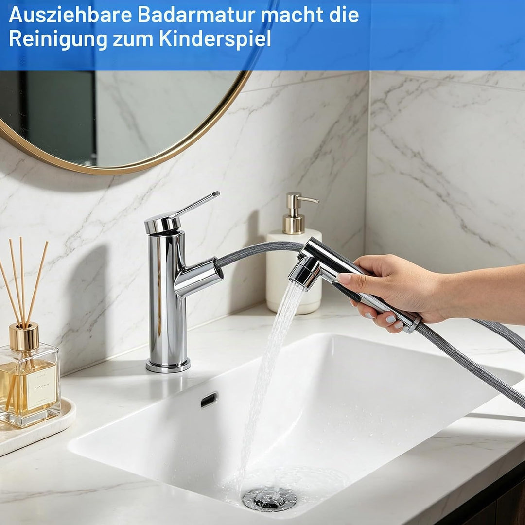 Wasserhahn Bad mit Ausziehbar Brause, Hochdruck Waschtischarmatur Einhebelmischer mit 3 Strahlarten,